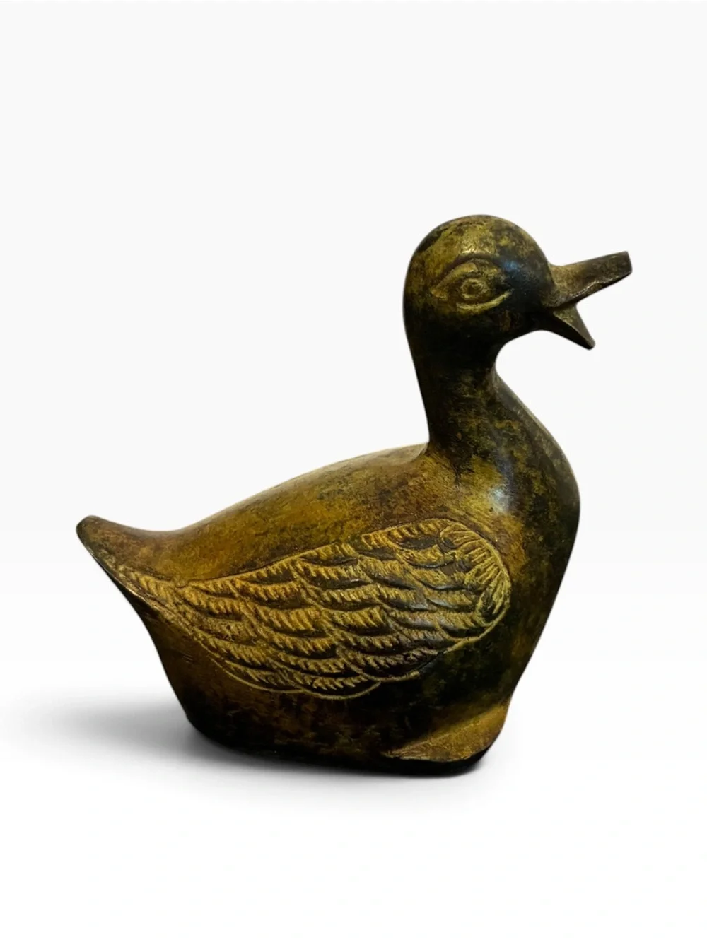 Vintage Bronze Duck Figurine Etched Wing Detail Aged Patina Paperweight Decor